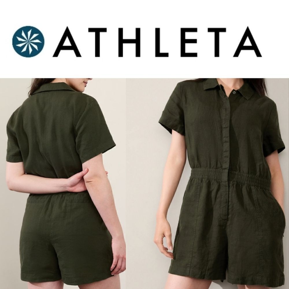 $109 NEW XL ATHLETA LINEN OLIVE GREEN SHORT SLEEVE ZIP POCKET ROMPER EXTRA LARGE